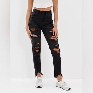 American Eagle Strigid Ripped Mom Faded Black Distressed Straight Denim Jeans